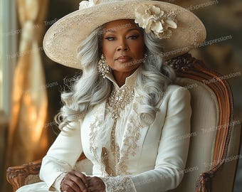 Queen Mother Portrait: Elegant Senior Woman in Hat (PNG Digital Download)