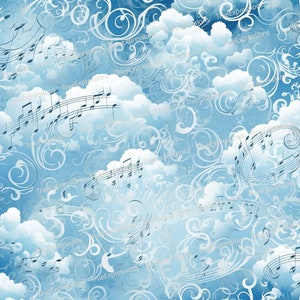 Für immer Praise XII, AI Art, Hintergrund mit Musiknoten, Weiß, Blau, Grau, Wolken, Gedenkstätte, digital herunterladbar, sofortiger PNG-Download