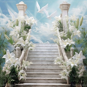 Lys commémoratifs, AI Art, Chrétien, Funérailles, Escaliers, Blanc, Lys, Colombes, Ciel, Fleurs, Téléchargeable numérique, Téléchargement PNG instantané