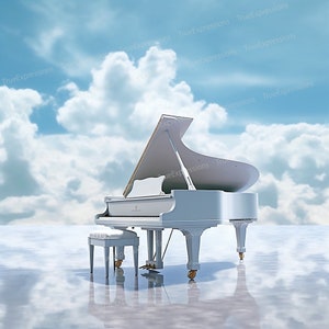 Forever Praise IV, Arte AI, Cristiano, Funerale, Pianoforte, Blu, Nuvole bianche, Paradiso, Memoriale, Scaricabile digitale, Download PNG istantaneo