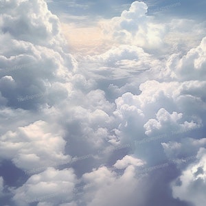 May include: A photograph of a sky filled with fluffy white clouds. The clouds are arranged in a random pattern, creating a sense of depth and dimension. The sky is a light blue color, and the clouds are illuminated by the sun.