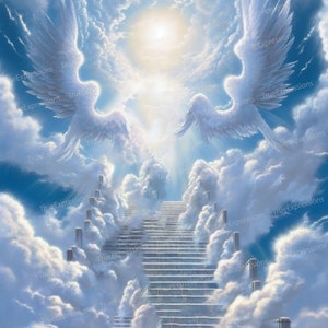 The Wings of An Angel, AI Art, Christian, Funeral, Clouds, Blue, White, Heaven, Stairs, Memorial, Digital Downloadable, Instant PNG Download