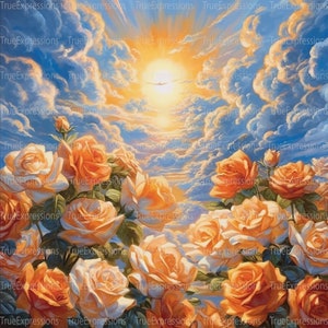 Orange douce, Art IA, chrétien, funérailles, blanc, roses, corail, orange, paradis, fleurs, numérique téléchargeable, téléchargement PNG instantané