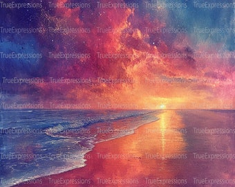 Celestial Shore VIII, Colorful Blue, Fuchsia and Yellow Water and Clouds Background Memorial, AI Art Downloadable, Instant PNG Download