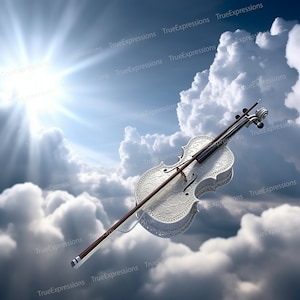 Forever Praise VII, AI Art, chrétien, funérailles, violon blanc, archet, bleu, nuages blancs, monument commémoratif, téléchargeable numérique, téléchargement PNG instantané