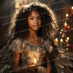 Ángel de Navidad, AI Art, Christian, Faith, Christmas Angel Black, Wings Female, Girl, Candle, Digital Downloadable, Instant PNG Download