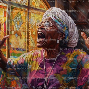 Vader I Stretch, AI Art, Christian, Faith, Senior, Woman Praising in Church Digital Downloadable, Instant PNG Download