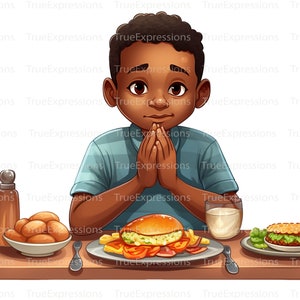 Segnen Sie dieses Essen, AI Art, Christian, Glaube, Junge betet am Tisch, Kind Essen digital herunterladbar, sofortiger PNG Download