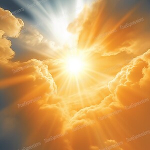 May include: A bright, golden sun shines through fluffy white clouds in a blue sky. The sun's rays create a dramatic, radiant effect.