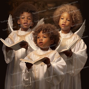 Die Engel sangen IV, Christ, Glaube, Kinder, Engel schwarz, Melanin, Singen, digital herunterladbar, KI-Kunst, Instant PNG Download