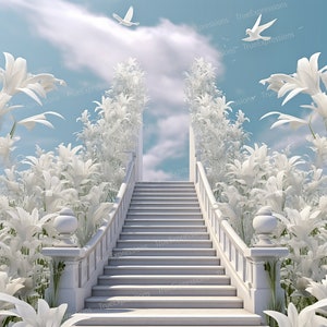 Memorial Lilies II, AI Art, Christian, Funérailles, Escaliers, Blanc, Lys, Ciel, Fleurs, Téléchargeable numérique, Téléchargement PNG instantané