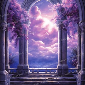 Memorial Purple View, funérailles, violet, nuages, arches, iris, fleurs, commémoratif, numérique téléchargeable, AI Art, téléchargement PNG instantané