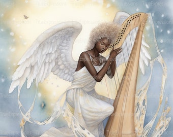 Angel Harpist Printable AI, Christian, Faith, Church, Digital Downloadable, Praise Dance, Singing, Instant PNG Download