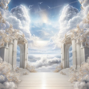 Heaven's View II, AI Art, Cristiano, Funeral, Blanco, Azul, Nubes, Arcos, Columnas, Cielo, Descargable Digital, Descarga PNG Instantánea