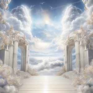 Heaven's View II, AI Art, Christian, Funeral, White, Blue, Clouds, Arches, Columns, Heaven, Digital Downloadable, Instant PNG Download