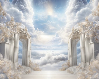 Heaven's View II, AI Art, Christian, Funeral, White, Blue, Clouds, Arches, Columns, Heaven, Digital Downloadable, Instant PNG Download