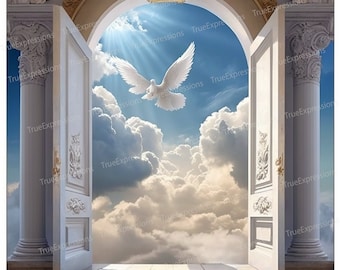 Enter In VI, AI Art, Christian, Funeral, White, Blue, White, Doors, Heaven, Digital Downloadable, Instant PNG Download