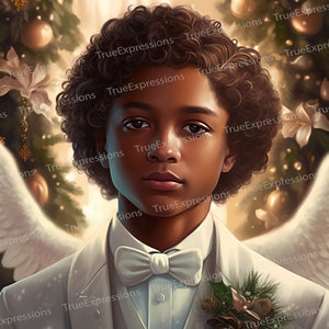 Gabriel, AI Art, Christian, Faith, Angel Black, Male, White, Wings, Christmas, Tree, Digital Downloadable, Instant PNG Download