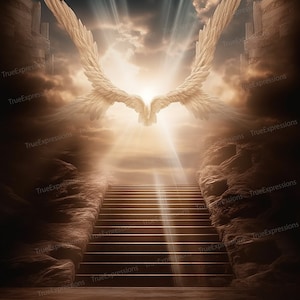 Taupe Memorial, AI Art, Christian, Funérailles, Escaliers, Brun, Ciel, Ailes d’ange, Mémorial, Téléchargeable numérique, Téléchargement PNG instantané