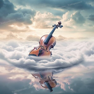 Forever Praise V, Art IA, chrétien, funérailles, violon, marron, bleu, nuages blancs, monument commémoratif, téléchargeable numérique, téléchargement PNG instantané