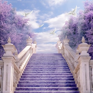 Flores conmemorativas, Arte AI, Cristiano, Funeral, Púrpura, Lavanda, Cielo, Flores, Escaleras, Nubes, Descargable digital, Descarga instantánea PNG