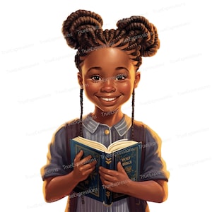Schüler des Wortes II, AI Art, christlich, Glaube, schwarzes Mädchen, Kirche, Kinder, digital herunterladbar, sofortiger PNG-Download
