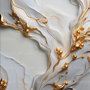 Könnte beinhalten: Abstrakter Kunstdruck mit weißem Hintergrund und fließenden goldenen Linien sowie goldenen Tropfen. Die goldenen Linien und Tropfen erzeugen ein wirbelndes, organisches Muster.