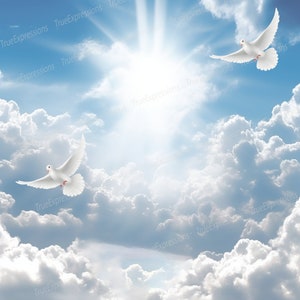 Nubes conmemorativas de palomas, arte de IA, cristiano, funeral, blanco, azul, palomas, flores, fondo digital descargable, descarga instantánea de PNG