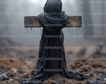 Cross Draped in Black II, Cross with Black Scarf, Crucifixion, Good Friday, Christian, Jesus, AI Digital Downloadable, Instant PNG Download