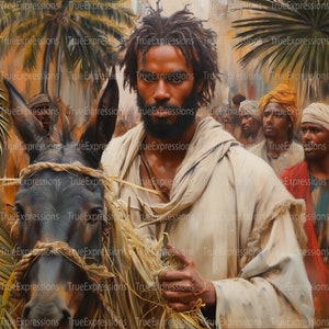 Jesus und ein Esel, Palmsonntag, Christ, Palmenblätter, Ostern, AI digital herunterladbar, sofortiger PNG-Download