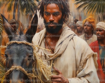 Jesus and a Donkey, Palm Sunday, Christian, Palm Leaves, Easter, AI Digital Downloadable, Instant PNG Download