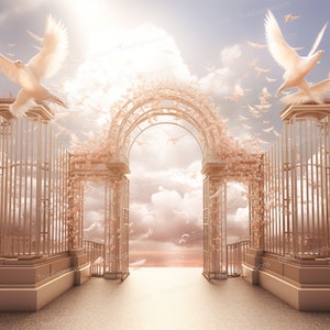 Rose Gold Heavenly Background, AI Art, Christian, Funeral, Clouds, Doves, White, Heaven, Gates, Digital Downloadable, Instant PNG Download