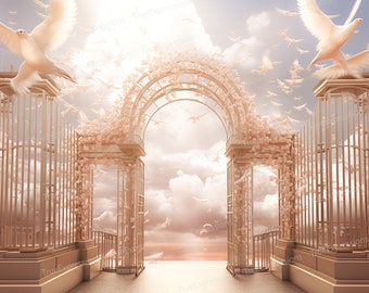 Rose Gold Heavenly Background, AI Art, Christian, Funeral, Clouds, Doves, White, Heaven, Gates, Digital Downloadable, Instant PNG Download