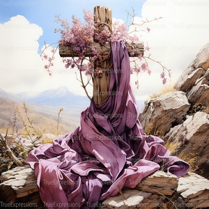 Kreuz und lila Robe, Palmsonntag, Christ, Glaube, Jesus, Kreuz, Blumen, lila, AI digital herunterladbar, sofortiger PNG-Download