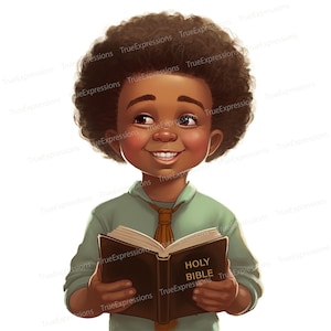 Étudiant du mot VI, AI Art, chrétien, foi, garçon noir, église, enfants, Bible, téléchargeable numérique, téléchargement PNG instantané