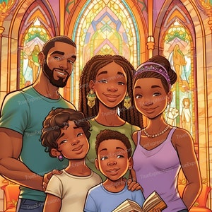 Culte familial III, Art AI, Chrétien, Foi, Famille noire, Église, Enfants, Téléchargeable numérique, Téléchargement PNG instantané