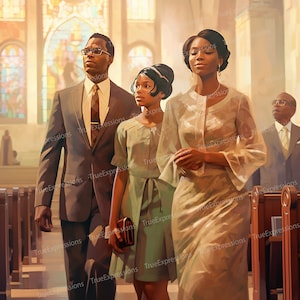 Family Worship, Printable AI, Christian, Faith, Church, Black Woman, Man, Child, Digital Downloadable, Fellowship, Instant PNG Download