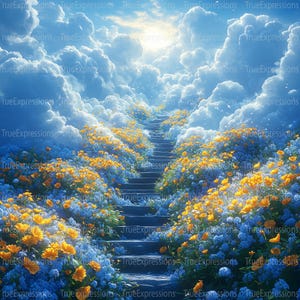 Eternal Bloom IX, AI Art, chrétien, fleurs jaunes et bleues, escaliers, funérailles, nuages, ciel, numérique téléchargeable, téléchargement PNG instantané