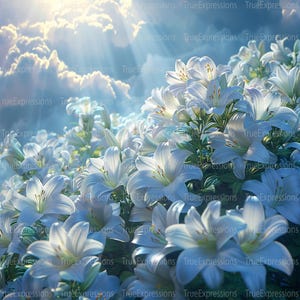 Fond de lys, art IA, chrétien, funérailles, nuages, blanc, lys, fleurs, bleu, ciel, numérique téléchargeable, téléchargement PNG instantané
