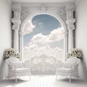Homecoming X, AI Art, Christian, Funérailles, Blanc, Bleu, Arches, Fleurs, Chaises, Colonnes, Ciel, Téléchargeable numérique, Téléchargement PNG instantané