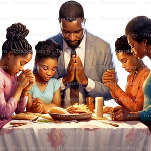 We zegenen dit voedsel, AI-kunst, christen, geloof, zwarte familie bidden aan tafel, kindervoeding digitaal downloadbaar, Instant PNG Download