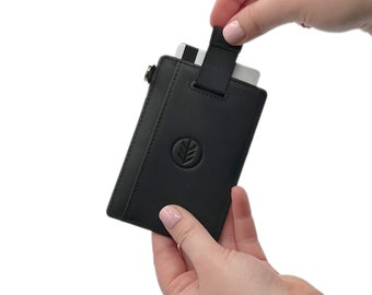 Cartera minimalista de cuero de primera calidad WESTMADE Mayfield Mini - Tarjetero con llavero - Cartera delgada con tirador - Bloqueo RFID - Negro grafito