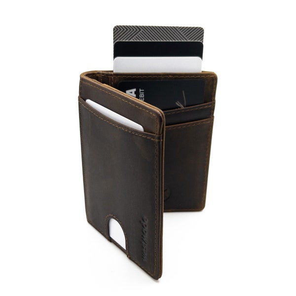 WESTMADE Merwin, pli vertical, protection RFID, poche avant mince, portefeuille en cuir minimaliste, fente d'accès rapide, poche pour languette, marron cowboy