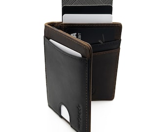 WESTMADE Merwin Vertical Fold RFID Blocking Slim Front Pocket Minimalist Leather Wallet, Quick Access Slot, Pull Tab Pocket- Brown/Black