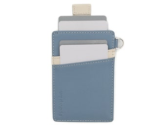 WESTMADE Mayfield Mini Minimalist Premium Leather Wallet - Keychain Card Holder - Pull Tab Slim Wallet - RFID Blocking - Steel Blue/Cream