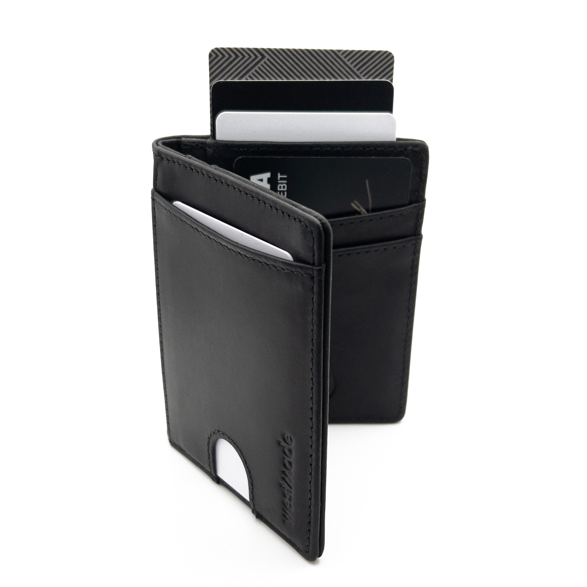 WESTMADE Merwin Vertical Fold RFID Blocking Slim Front Pocket Minimalist Leather Wallet - Quick Access Front Slot - Pull Tab Pocket- Black