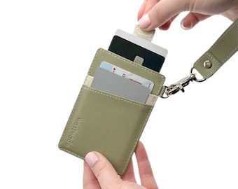 WESTMADE Mayfield Mini Minimalist Card Holder Pull Tab Slim Leather Wallet with Wristlet Tether - RFID Protection - Mossy Green/Cream