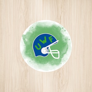 Könnte beinhalten: Ein grüner Aquarellhintergrund mit einem blauen Footballhelm mit den Buchstaben "UWF" in Grün an der Seite.
