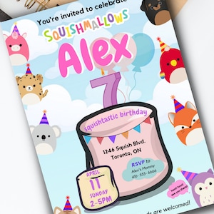 INVITACIÓN DE CUMPLEAÑOS de Squishmallows, Invitación imprimible de Squishmallows, Invitaciones personalizadas, Tema de cumpleaños de Squishmallows / Descarga digital
