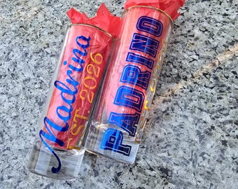 Personalized Shot glasses | Madrina & Padrino shot glasses| Godparents Shot glasses with year| Gold trim